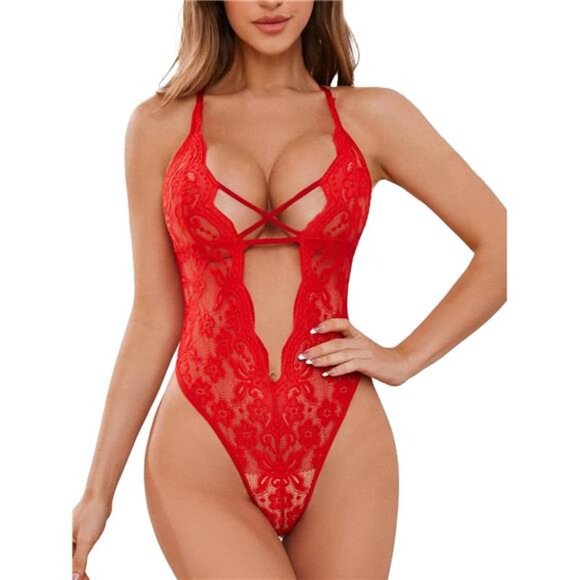 Women Sexy Deep V Teddy Bodysuit Lace Lingerie Red - Picture 1 of 5
